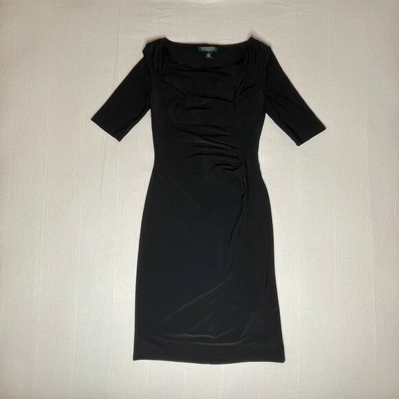 Lauren by Ralph Lauren Black Cowl Neck Ruched Midi Dress | Size 4 - Picture 2 of 8